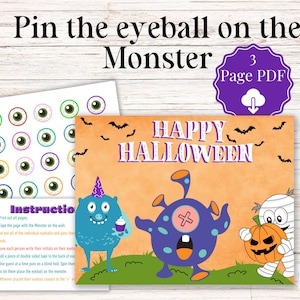 Halloween-feestspel voor kinderen - Afdrukbare Pin the Eyeball op het Monster - Klas- en peuteractiviteit