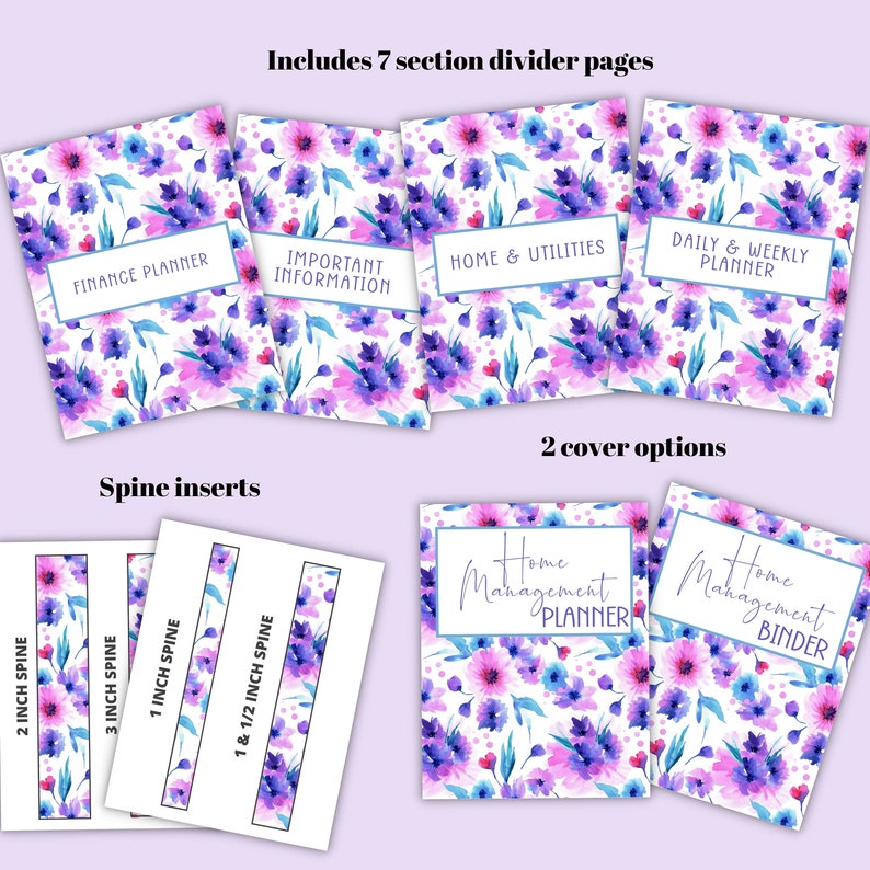 Puede incluir: P&aacute;ginas de planificador imprimibles con un dise&ntilde;o floral de acuarela en tonos de rosa, morado y azul. Las p&aacute;ginas incluyen t&iacute;tulos como "Planificador financiero", "Informaci&oacute;n importante", "Hogar y servicios p&uacute;blicos" y "Planificador diario y semanal". Tambi&eacute;n hay insertos de lomo para diferentes tama&ntilde;os y dos opciones de portada con el texto "Planificador de gesti&oacute;n del hogar" y "Carpeta de gesti&oacute;n del hogar".