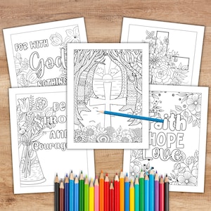 May include: Five black and white colouring pages with Christian themes. The pages feature floral designs, crosses, and inspirational quotes such as "For with God nothing is impossible" and "Be strong and courageous".