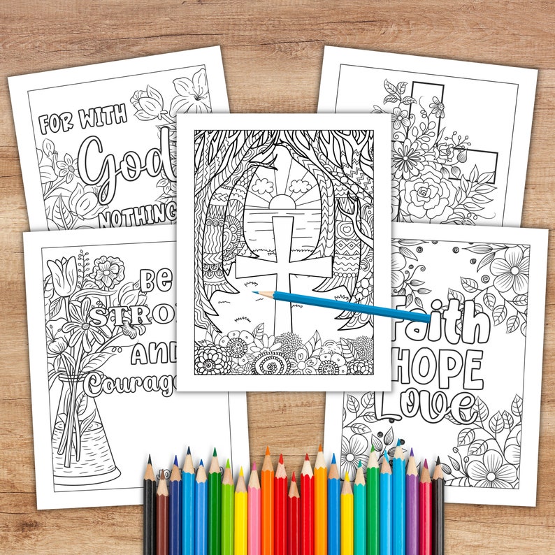 May include: Five black and white colouring pages with Christian themes. The pages feature floral designs, crosses, and inspirational quotes such as "For with God nothing is impossible" and "Be strong and courageous".