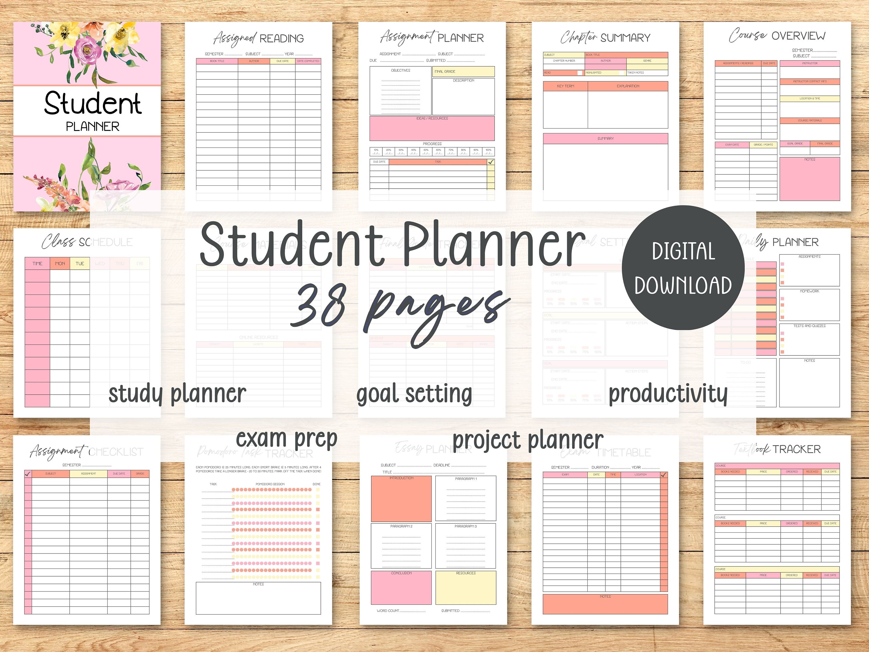 Printable Student Academic Planner Grade Tracker Assignment Exam Prep ...
