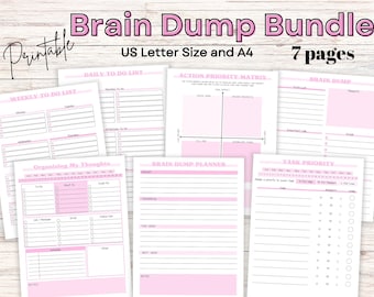 May include: Printable pink and white planner pages with titles like "Brain Dump Bundle", "Daily To Do List", "Weekly To Do List", "Action Priority Matrix", "Brain Dump Planner", "Organizing My Thoughts", and "Task Priority".