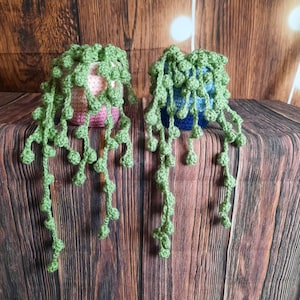 May include: Two crocheted succulent plants in pots. The plant on the left has a pink and white pot, and the plant on the right has a blue and white pot. Both plants have green crocheted stems.
