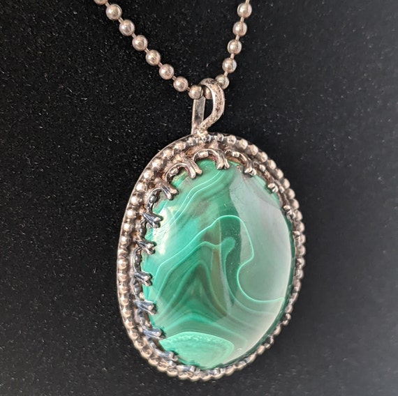 Large Malachite Pendant Necklace Sterling Silver … - image 6