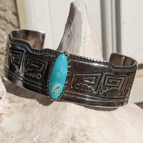 54g Navajo JB Stamped Turquoise & Sterling Silver… - image 7