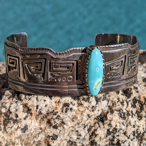 54g Navajo JB Stamped Turquoise & Sterling Silver… - image 1