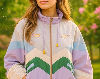 ジャケット・アウター 90s- used hooded jacket flamingo pattern Vintage 90s Windbreaker Jacket , Pink Coat , Colorblock