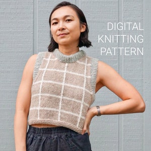 Windowpane Vest Knitting Pattern | Digital Download | Cropped Slipover | Checkered | Plaid | Minimalist Knit Vest | Dia Knitwear