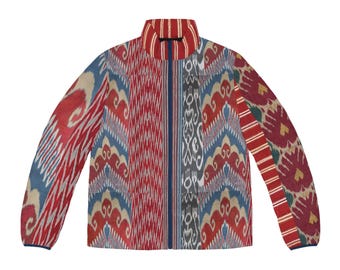 Bukhara Blues,Puffer Jacket, Kazakhstan Pattern, Winter Coat, Outerwear, Men's Fashion, Gift for Him, Ethnic Design