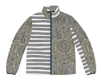 Gray Striped All-Over Print Men's Puffer Jacket | Custom Pattern AOP