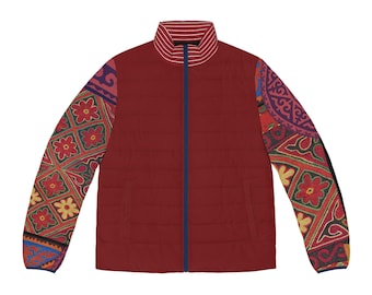 Maroon Puffer Jacket, Kazakhstan Pattern, Winter Coat, Outerwear, Men's Fashion, Gift for Him, Ethnic Design