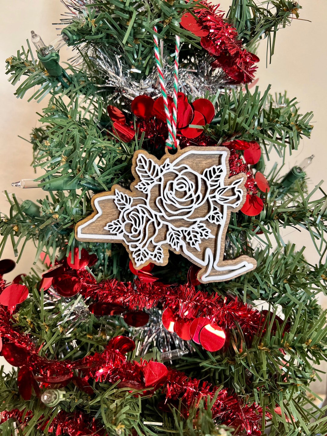 New York State Flower Rose Laser Cut Layered Wood Ornament for Etsy