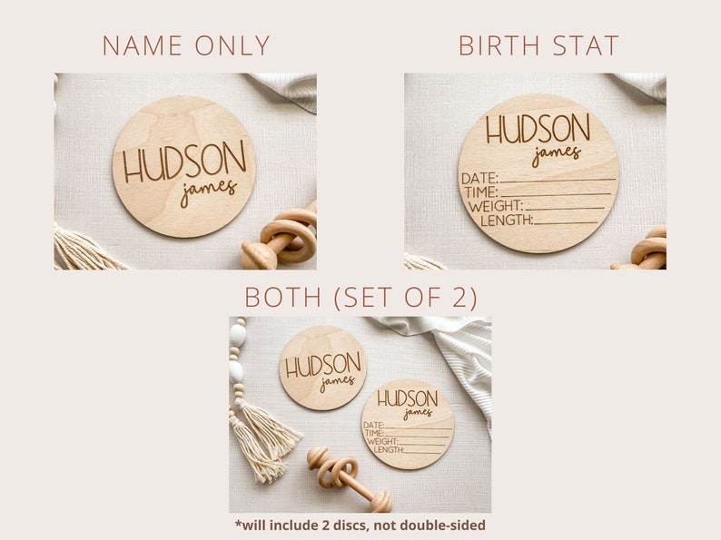 K&ouml;nnte beinhalten: Zwei runde Holzscheiben, eine mit dem Namen "HUDSON james" und die andere mit dem Text "HUDSON james" und Linien f&uuml;r "DATE", "TIME", "WEIGHT" und "LENGTH".
