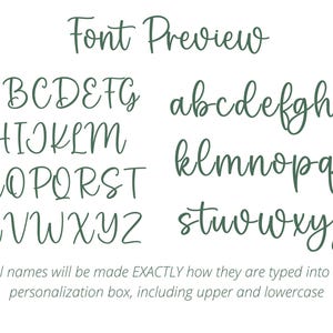 May include: Font preview showing uppercase and lowercase letters in a cursive script font. The letters are written in a dark green color on a white background. The text at the bottom of the image reads "*All names will be made EXACTLY how they are typed into the personalization box, including upper and lowercase."