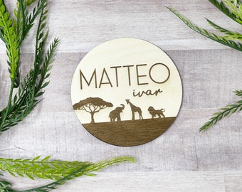 Safari Baby Name Sign Announcement, Wood Sign Birth Reveal, Baby Name Reveal, Baby Boy Name Sign, Jungle Themed Personal Newborn Name Sign