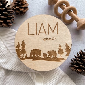 Bear Name Sign, Baby Name Announcement, Wooden Name Sign, Bear Nursery Name Sign, Nature Nursery Decor, Baby Shower Gift for Boy, Keepsake image 1