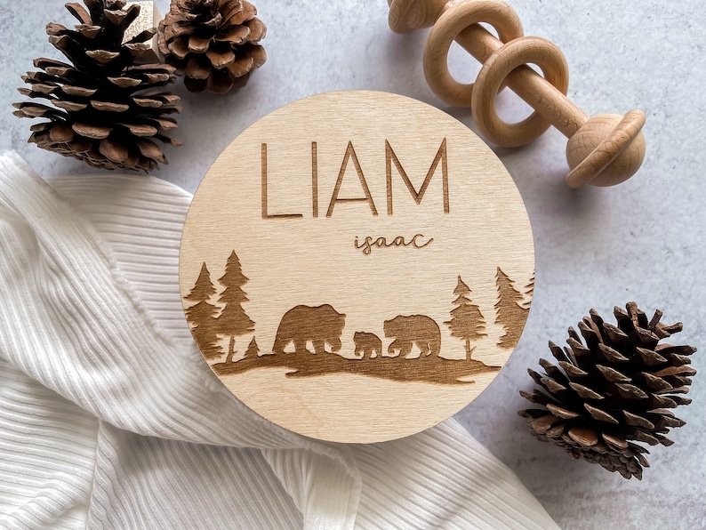 Bear Name Sign, Baby Name Announcement, Wooden Name Sign, Bear Nursery Name Sign, Nature Nursery Decor, Baby Shower Gift for Boy, Keepsake image 1