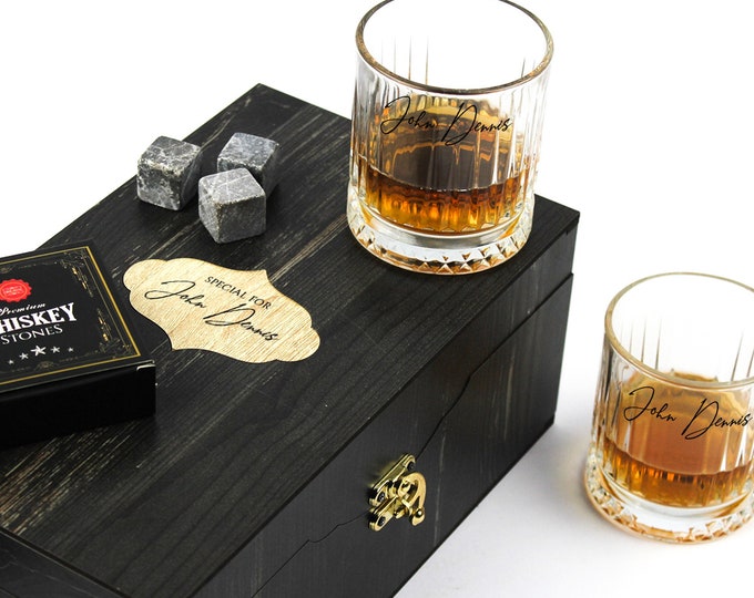 Custom Whiskey Glass Set with Whiskey Stones and  Elegant Wooden Box Personalized Glass for Husband Boyfriend Gift Groomsmen Gifts