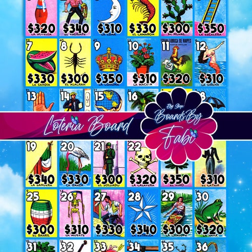 Full Loteria Cards on a Board for Game 20 Numbers Etsy