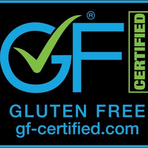 Puede incluir: Un logotipo azul y verde con las letras "GF" y una marca de verificaci&oacute;n. El texto "GLUTEN FREE" y "gf-certified.com" est&aacute;n debajo del logotipo. El logotipo est&aacute; rodeado por un borde negro y la palabra "CERTIFIED" est&aacute; en un cuadro verde a la derecha del logotipo.
