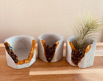 Tyger Eye | Smoky Quartz || Small Geode Air Plants Pot | Tea light Candle Holder | Genuine Crystal