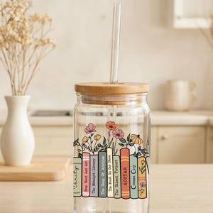 Custom Book Shelf Tumbler, Bookish Glass Can, Gift For Readers, Book Ice Coffee Glass Cup, Personalized Book Mug, Author Gift,