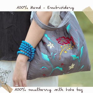 Hand-Embroidered Flower Silk Tote Bag: Eco-Friendly Mulberry Silk
