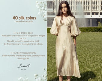 Mulberry Silk Wedding Dress: Puffy Sleeves, Deep V, Handmade