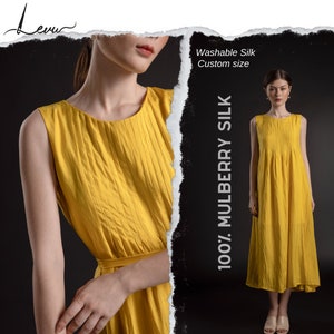 Relaxed Silk Midi Dress | Spring Summer Fashion Dress | Silk Short Dress for woman | Yellow Silk Dress