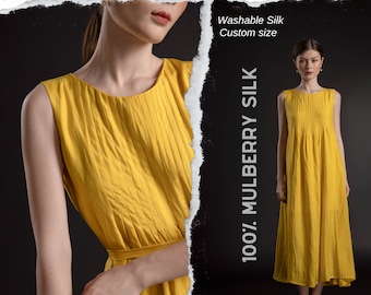 Entspanntes Seiden Midi Kleid | Frühling Sommer Mode Kleid | Kurzes Seidenkleid für Frauen | Gelbes Seidenkleid