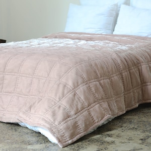 Soft Pink Silk Velvet Quilt: Hand Stitched Luxury Bedding