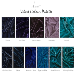 May include: A color palette of velvet fabric swatches in various shades of purple, blue, and green. The swatches are labeled with the following names: Purple, Egg Plant, Cyber Grape, Lavender, Peacock, Oxford Blue, Navy, Mastrict Blue, Egytian Blue, Steel Green, Midnight Blue.