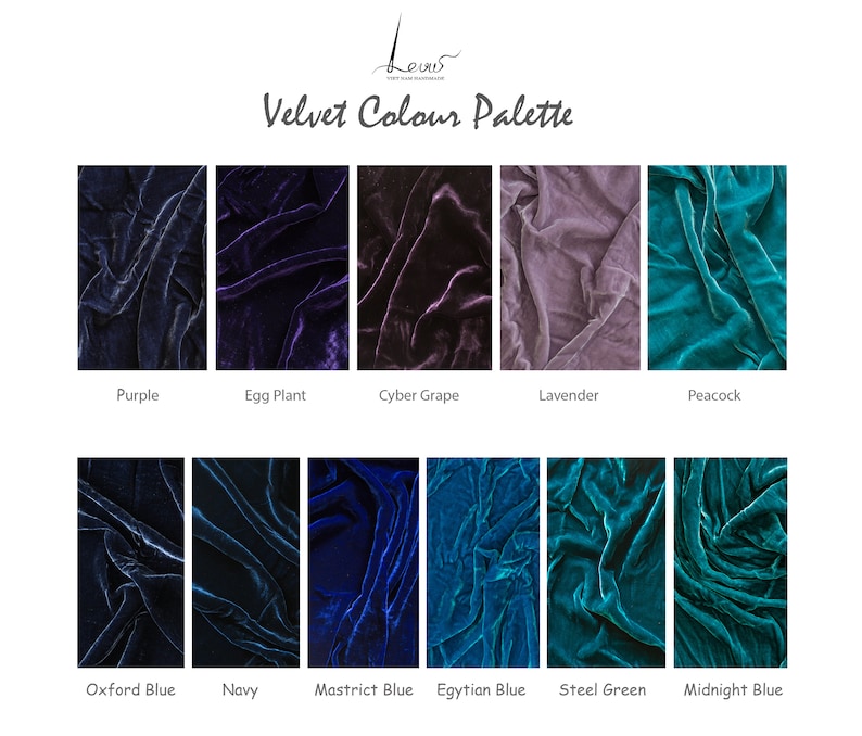May include: A color palette of velvet fabric swatches in various shades of purple, blue, and green. The swatches are labeled with the following names: Purple, Egg Plant, Cyber Grape, Lavender, Peacock, Oxford Blue, Navy, Mastrict Blue, Egytian Blue, Steel Green, Midnight Blue.