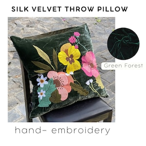 Hand Embroidery Mulberry Silk Velvet Pillow Cover: Floral Throw Pillowcase