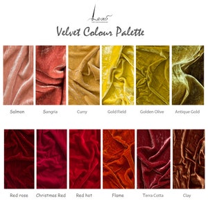 May include: A color palette of velvet fabric swatches in various shades of red, orange, yellow, and pink. The swatches are labeled with names like "Salmon", "Sangria", "Curry", "Gold Field", "Golden Olive", "Antique Gold", "Red rose", "Christmas Red", "Red hot", "Flame", "Terra Cotta", and "Clay".