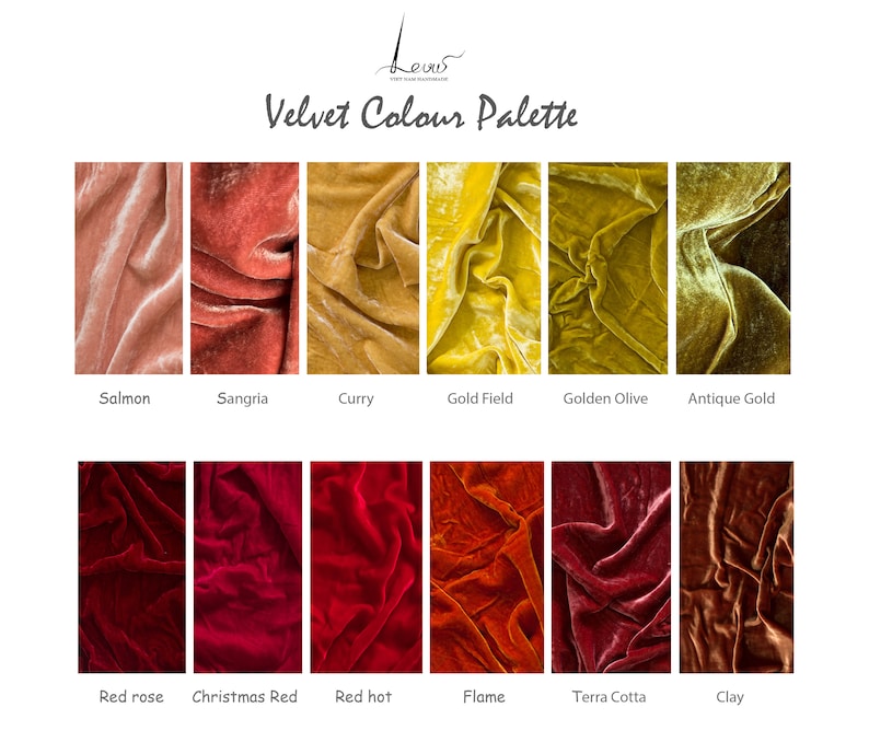 May include: A color palette of velvet fabric swatches in various shades of red, orange, yellow, and pink. The swatches are labeled with names like "Salmon", "Sangria", "Curry", "Gold Field", "Golden Olive", "Antique Gold", "Red rose", "Christmas Red", "Red hot", "Flame", "Terra Cotta", and "Clay".