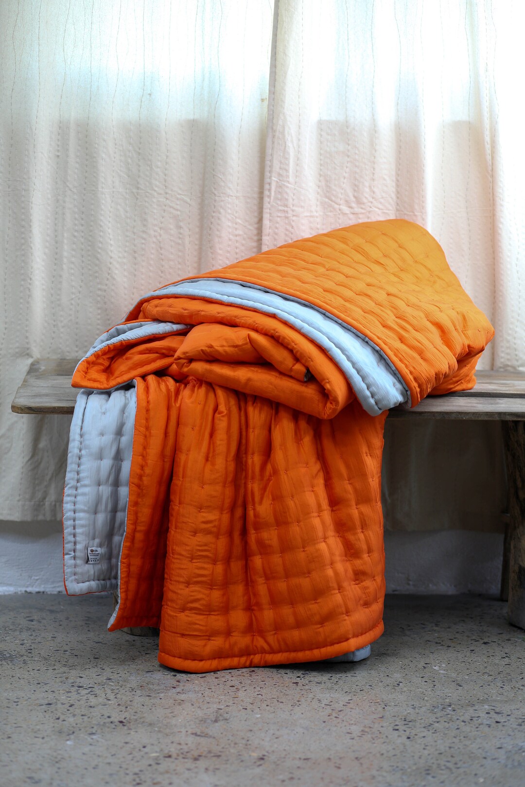 Orange Mulberry Silk Quilt Blanket Kantha Quilt Dot Stitching