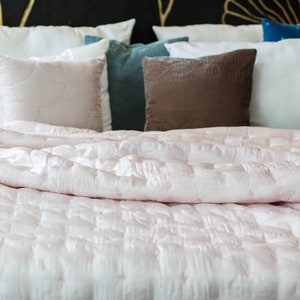 Blush Pink Mulberry Silk Quilt: Hand Stitched Kantha Bedding