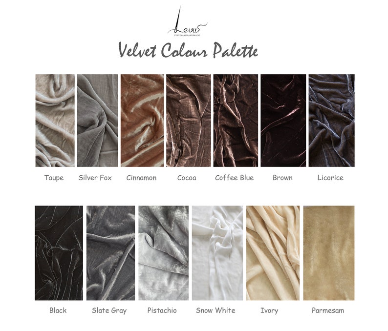 May include: A color palette of velvet fabric swatches in various colors, including taupe, silver fox, cinnamon, cocoa, coffee blue, brown, licorice, black, slate gray, pistachio, snow white, ivory, and parmesan.