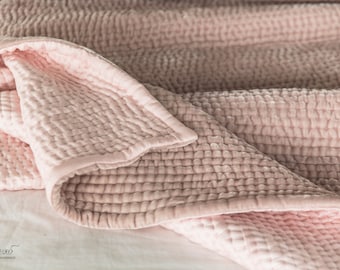 Hand-stitching Mulberry Silk Velvet Quilt | Kantha Handmade Throw Blanket  | Soft Pink Velvet Bedding Set | Soft And Warm Blanket For Winter