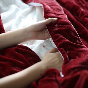 May include: A person is holding a red velvet blanket with white stars embroidered on it. The blanket is folded in half and the person is holding the edge of the blanket with their right hand.