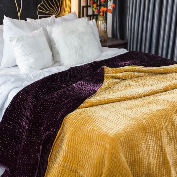 Burgundy Silk Velvet quilt for bedroom |  Handmade customized quilt | luxury velvet bedding set | Soft and warm blanket for winter