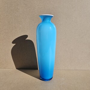 Può includere: Un vaso alto di vetro blu chiaro con bordo bianco. Il vaso ha una forma liscia e arrotondata e una sfumatura di colore, che passa da un blu più chiaro in alto a un blu più scuro alla base. Il vaso proietta un'ombra scura.