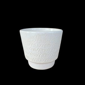 Puede incluir: Maceta de cerámica blanca con un patrón texturizado de formas repetidas en forma de hoja. La maceta tiene una parte superior ligeramente ensanchada y una base de pedestal. El diseño en relieve crea un atractivo táctil y visual. Fondo negro.