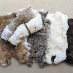 May include: Five rabbit fur pelts in various colours, including brown, grey, white, and black. The pelts are arranged in a row, with the brown pelt at the top and the black pelt at the bottom.