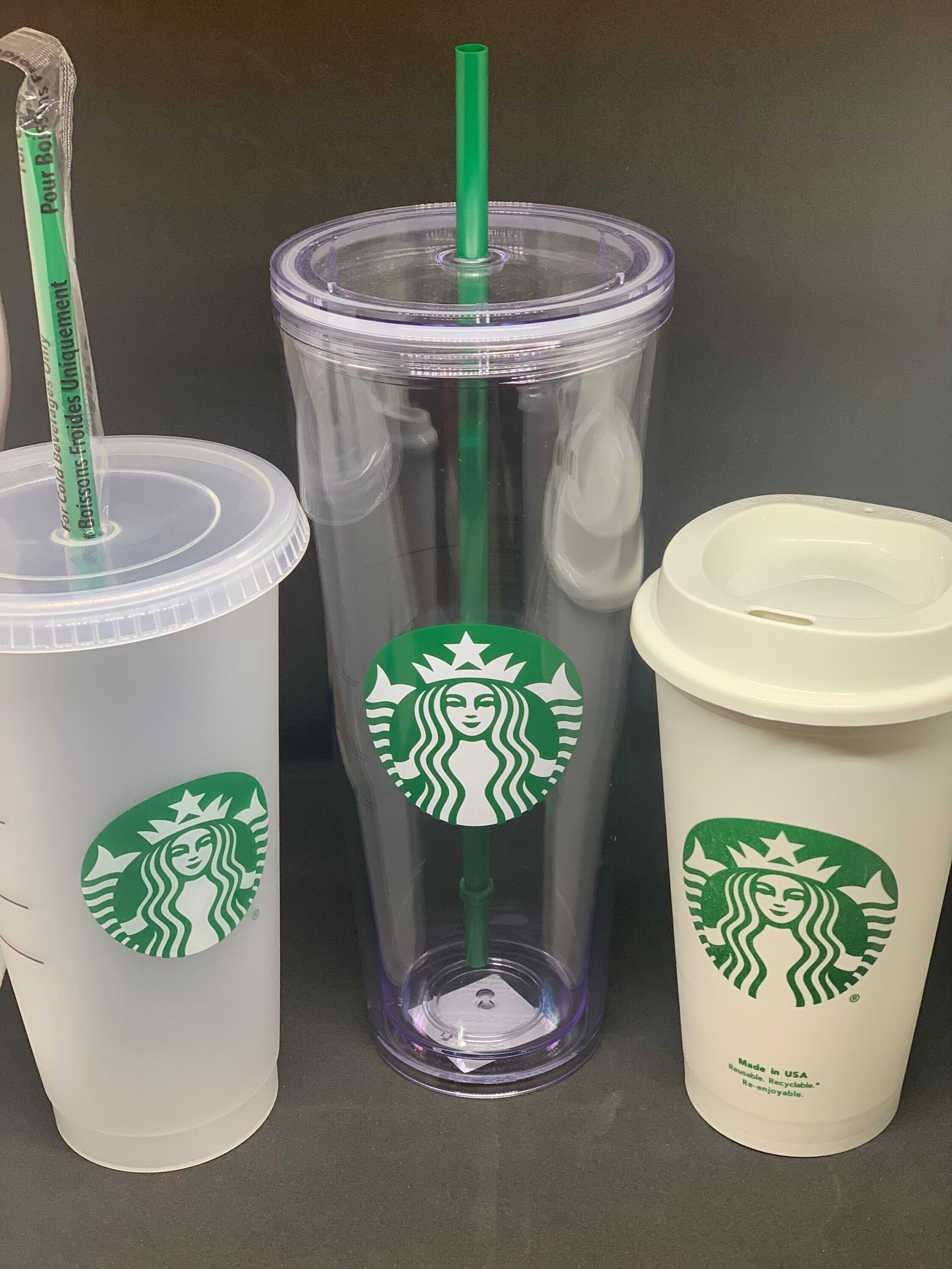 2 Starbucks Grande Clear Acrylic 16 oz Tumblers & 1 Reusable Frosted 24 oz.