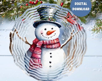 Op de afbeelding: Een aquarel-illustratie van een sneeuwpop met een rood-wit geruite sjaal en een zwarte hoge hoed. De sneeuwpop is omringd door een blauw en wit swirl-ontwerp.