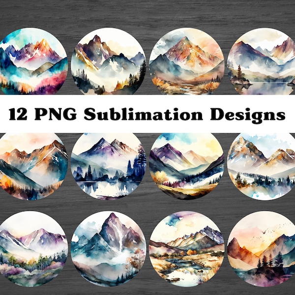 Car Coaster PNG - Bundle of 12 Watercolor Mountain Round Phone Grip Sublimation Designs for Personal and Commercial Use