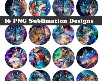 Pode incluir: 16 designs de sublimação com um lobo em um fundo de galáxia. O lobo está em várias poses e cores, incluindo azul, roxo, verde e rosa.