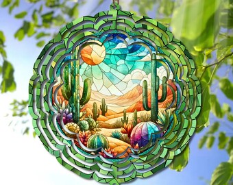 Colorful Cactus Wind Spinner PNG - Western Stained Glass Sublimation Design for Personal and Commercial Use - Printable Digital Download